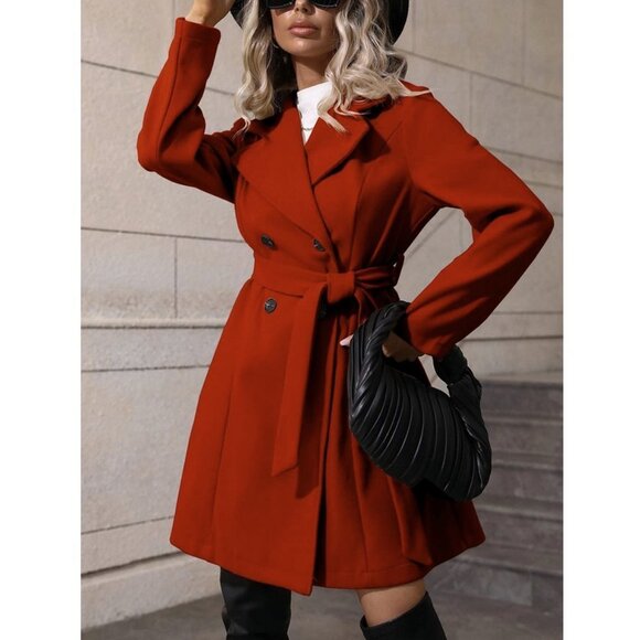 . Jackets & Blazers - RED Preppy Womens Lapel Neck Double Breasted Belted Overcoat